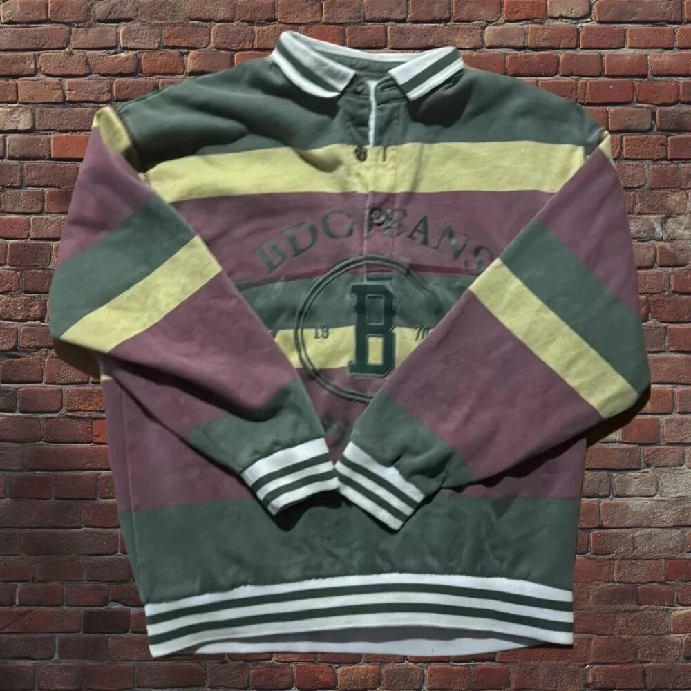 Green, burgundy, white  & yellow striped rugby sweater #rugby #y2k #90s